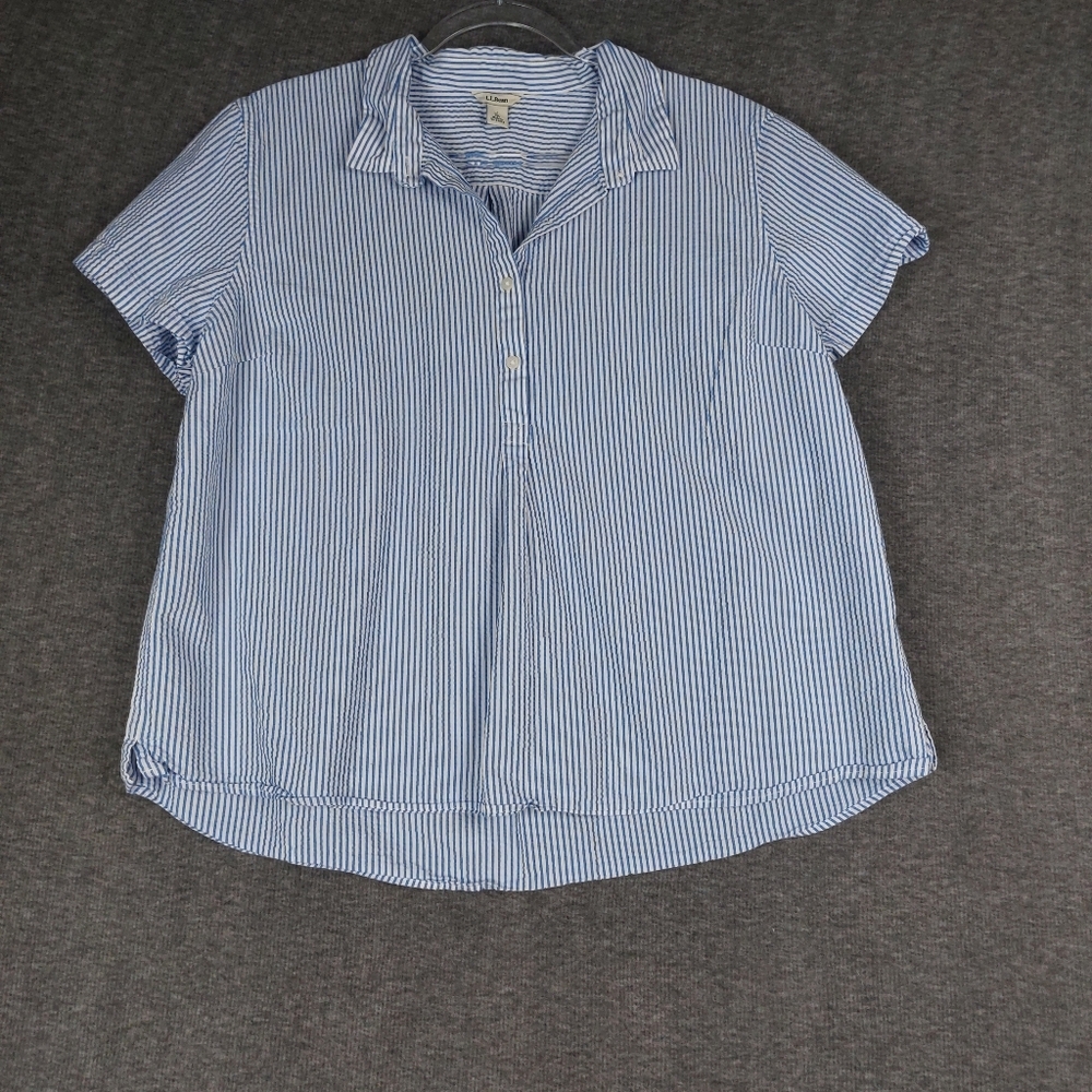 L.L. BEAN VACATIONLAND SEERSUCKER WOMENS BLUE WHITE STRIPED SHIRT PREPPY SZ XLP